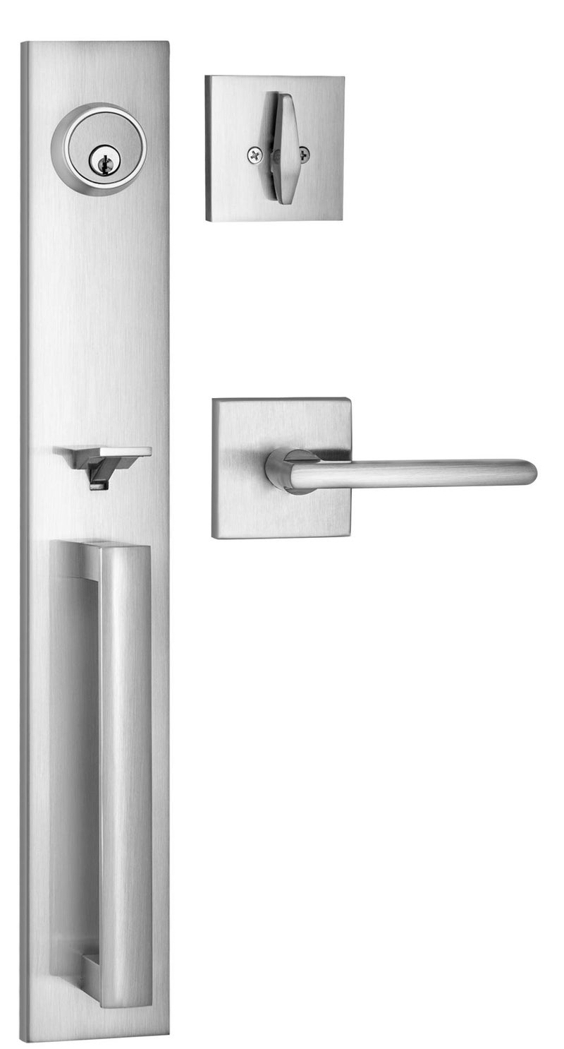 Berlin Modisch Full Escutcheon HandleSet Front Door Entry Handle and Deadbolt Lock Set Slim Square Single Cylinder Deadbolt and Lever Heavy Duty â€“ Satin Nickel Finish - Image 1